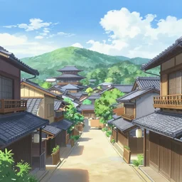 beautiful anime background of japanese traditional town at day, aesthetic beautiful drawing sky view