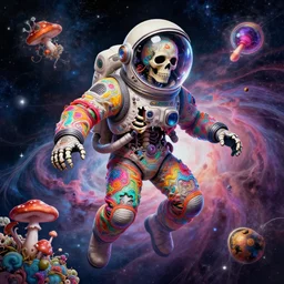 a psychedelic cosmonaut skeleton melting tearing his suit off, rainbow melting color scheme, floating in the cosmos nebula, glass space helmet, warping time and space, trading illegal goods, magic mushrooms, psilocybin, LSD, face, space helmet, futuristic, detailed, intricate, elegant, highly detailed, digital painting, artstation, concept art, smooth, sharp focus, akira style illustration, art by Krenz Cushart and Artem Demura and Alphonse Mucha