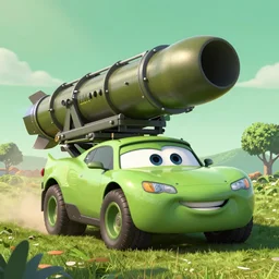 HIMARS with missile, eyes and smile, Cars Pixar movie style, detailed, green, digital art