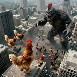 still image taken from sci fi horror movie of chicken and monster attack the city. low camera angle. 1 9 6 0. aerial shot