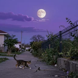 moonlight drains from the sky. a cat scurries along broken sidewalk paths, hops a fence encased by weeds. the moon is almost new, a fingernail - clipping sliver in the early morning sky. it falls dimmer with each passing minute. darkness dwindles, flees the spaces under rocks, the cracks in a house's concrete foundation, like cockroaches. the cat watches. violet brushstrokes paint the sky, clouds in bloom as the sun drowns out the moon.