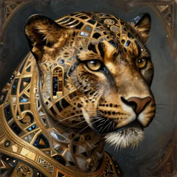 a beeple masterpiece baroque neoclassicist closeup renaissance portrait of a striking art deco panther. tilt shift, reflective detailed textures, elaborate geometric ornament, highly detailed fantasy science fiction painting, hyperrealism photorealistic, resembling a high resolution photograph