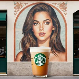 ariana as a starbucks grande cup, street photography, fresco, fine portrait