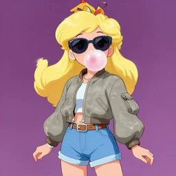Princess Daisy wearing sunglasses, an aviator jacket and jorts, blowing bubblegum, art by Greg Hildebrandt