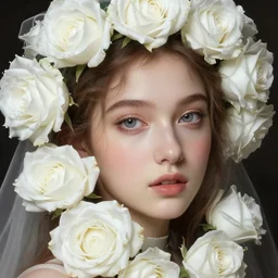 realistic photography portrait of crudelia de mon with thin white silk roses, intricate, elegant, highly detailed, wonderful eyes, sweet, digital painting, artstation, concept art, smooth, sharp focus, illustration, art by artgerm and greg rutkowski and alphonse mucha and william - adolphe bouguereau