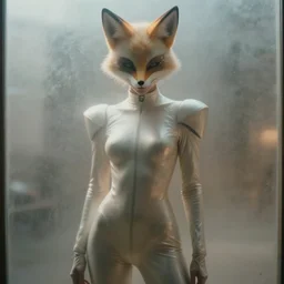 beautiful extreme closeup 3 / 4 portrait photo in style of 1 9 9 0 s frontiers in retrofuturism fox ear body suit fashion magazine wachowski edition, highly detailed, focus throgh fogged window with full - body figure in foreground, soft lighting
