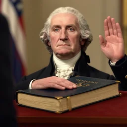 close render of george washington with hand on the bible, sworn into office, presidential, inauguration, unreal engine, digital art, octane render, trending on artstation, raytracing