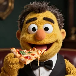 digital art of portrait of danny devito as a muppet eating pizza, excited facial expression, head - and - shoulders shot, white background, cute pixar character, houdini 3 d render