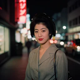 a Japanese woman on a street at night, 1966, 35mm photography, red neon lights