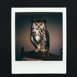 paranormal polaroid of a singular demonic and very big owl perched on the bed headboard, low key lighting, creepy atmosphere