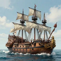 a highly detailed 4 k fantasy matte painting of a photorealistic pirate ship, historically accurate