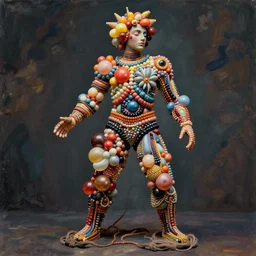 a sculpture of a man made out of balloons, a surrealist sculpture by elizabeth murray, behance, plasticien, biomorphic, made of beads and yarn, full body
