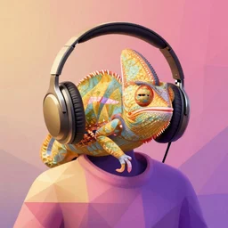 chameleon wearing headphones in a smooth color gradient from gold to rose to purple with interlocking triangle polygons, vector blending the shapes, optical illusion diagram hexagon risoprint screenprint serigraph poster art by greg rutkowsky peter morbacher alex grey android jones max chroma