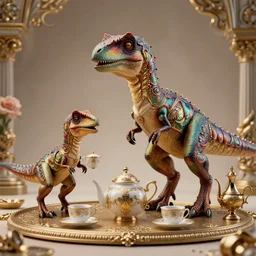 velociraptors having a fancy tea party, photorealistic, high resolution, vray, hdr, hyper detailed, insane details, intricate, elite, ornate, elegant, luxury, dramatic lighting, octane render, weta digital, micro details, 3 d sculpture