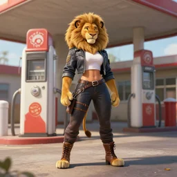 wide angle beautiful full body portrait of a strong female anthropomorphic anthro lioness fursona wearing biker clothes at an old gas station. character design by disney, anime, manga, charlie bowater, ross tran, artgerm, and makoto shinkai, detailed, soft lighting, rendered in octane