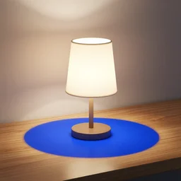 3 d render of a lamp on a room with a blue circle on a wooden table with ray tracing
