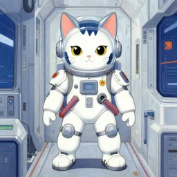 a beautiful ukiyo painting of cyberpunk battle space cat wearing space techwear detailed symmetrical close up portrait intricate complexity by takato and al feldstein