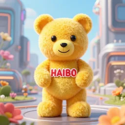 portrait of haribo bear in future city, color and shape focus, central composition, natural light, bloom, puff,