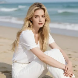 woman with long blonde hair wearing white clothing siting on a beach, beautiful, 8k, highly detailed, realistic, artgerm, sakimichan, rutkowski, trending on artstation, pixiv, perfect face, portrait,