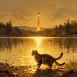 lake filed with molten gold, volume lighting, cat on for ground and tower on back ground concept art, by greg rutkowski