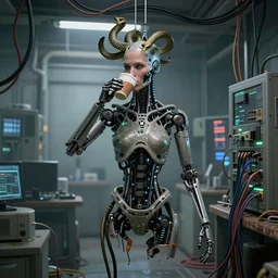 the torso of a terminator lady with borg implants, human face and robotic snakes coming out of her head is hanging from cables and wires off the ceiling of an abandoned computer lab and plugged into a quantum computer. Her bottom half is missing with cables hanging out. She is taking a sip from a cup of coffee. Tiny green led lights in her cybernetics. very detailed 8k. cyberpunk style.