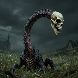 photograph of a horrifying nature monster with an extremely long neck and a scary skull, in a meadow, nightmare creature, designed by ken barthelmey, dramatic lighting, full frame photography
