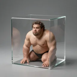 man with gigantism trapped inside of a small thick plexiglass cube, hyper - realistic, extremely detailed, gray studio setting, studio lighting, soft lighting