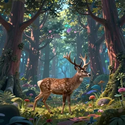 a realistic deer, walking through a psychedelic forest, wide angle landscape shot, pixar style by tristan eaton, artgerm and tom bagshaw