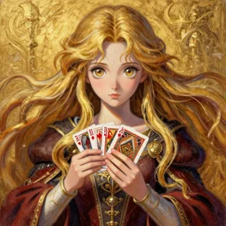 recursive image with a girl playing cards, medieval, large eyes, her long hair flowing, surreal, oil pastels and gold, in the style of katsuhiro otomo, modeled in poser, redshift render, uhd