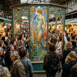 teleportation machine in a crowded marketplace, with people haggling and bargaining all around you by louis comfort tiffany and matti suuronen
