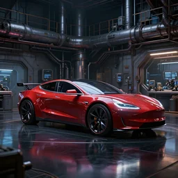 a side view photo of a futuristic science fiction corvette stingray tron tesla car on a reflective black floor in a industrial diesel punk scientific research laboratory, hyper detailed, smooth, high contrast, volumetric lighting, octane, jim lee, craig mullins, vibrant rich deep color