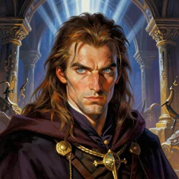 a vibrant illustration portrait of a fantasy male wizard with piercing eyes in very detailed dungeon with rays of lights peaking through, art by frank frazetta, artgerm, michael whelan, chris riddell, greg rutkowski