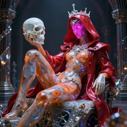 photo of fullbodied baroque and bladerunner delicate neon crystalline sculpture of seductive onyx albino marble prince nick jonas orange iridescent humanoid deity wearing red plastic hooded cloak holding an glass skull in a onyx alien dungeon, reclining, glowing magenta face, crown of white diamonds, cinematic lighting, photorealistic, octane render 8 k depth of field 3 d