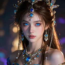 a beautiful fantasy girl, brown hair, bright blue eyes, lots of jewelry, epic lighting, vibrant colors and hard shadows and strong rim light, very coherent, digital art, trending on artstation, ross tran, sam yang