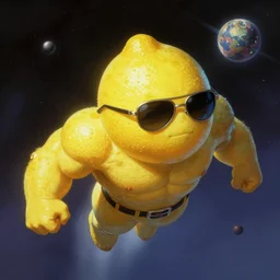 anthropomorphic badass muscular lemon character wearing cool sunglasses flying through space, by Frank Frazetta, trending on artstation, highly detailed