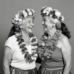 poignant portrait black and white photo of an old couple wearing hula girl costumes, laughing at each other, nostalgia, love