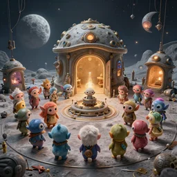 highly detailed wide - angle group portrait of cute extraterrestrial goblins in their favorite moonbase, unreal engine, nicoletta ceccoli, mark ryden, earl norem, lostfish, global illumination, detailed and intricate environment