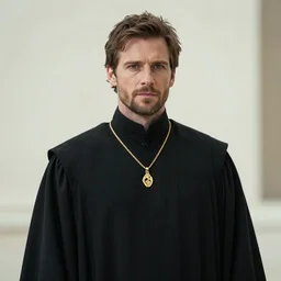 mathew goode wearing black robe and golden necklace cinematic photoshoot high quality highly affordable photo realistic 8 k hd