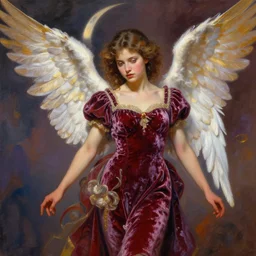 an intricate artistic pose painting of a beautiful young angel girl with an artistic pose wearing a beautiful velvet dress, hyper detailed, octane render, vivid colors, artstation, by jeremy mann, by boris vallejo
