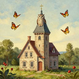 a house with a tower, owl, butterflies, berries, lowbrow in the style of hans arnold, 8 k, from far away,