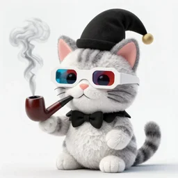 a plush cat smoking a pipe, wearing 3D glasses and a jester cap, 4K photo