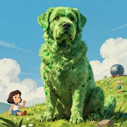 hyperrealist, graphic novel illustration of a massive green labrador retriever with shaggy green fur and green dye sitting on a grassy hill, pulp 7 0's sci - fi vibes, 9 0's hannah barbara fantasy animation, cinematic, movie still, studio ghibli masterpiece