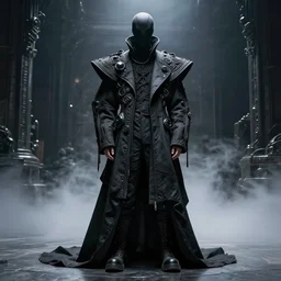 beautiful avant garde fashion look and clothes, we can see them from feet to head, highly detailed and intricate, hypermaximalist, techwear, luxury, elite, cinematic, designer fashion, Rick Owens, Yohji Yamamoto, Y3, ACRNYM, outfit photo, eerie fog, super villain lair interior background