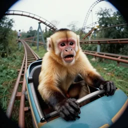 scared capuchin monkey riding a roller coaster, fisheye lens 1992 photography, selfie shot