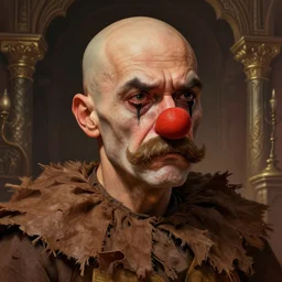 a mustache man wearing brown rags bald clown nose, angry crying, d & d, intricate, elegant, volumetric lighting, scenery, digital painting, highly detailed, artstation, sharp focus, illustration, concept art, ruan jia, steve mccurry