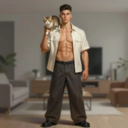 full body portrait of a single beautiful young fit man, modern haircut, open shirt, large pants, holding a small cat walking on his shoulder. by greg rutkowski and alphonse mucha, d & d character, in front of a modern room background, highly detailed portrait, digital painting, artstation, concept art, smooth, sharp focus illustration, hq