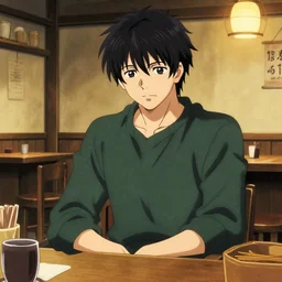 portrait of the emerald herald sitting in a cozy tavern, hidari, color page, tankoban, 4K, tone mapping, Akihiko Yoshida.