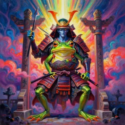 [ style ] [ oil painting ] [ palate ] [ vibrant gothic colors ] 👾 👽 frog samurai, vibrant neon nebulous clouds, radiant light rays, photorealistic painting, intricate and fine details, volumetric lighting, artstation, god figure at the gate