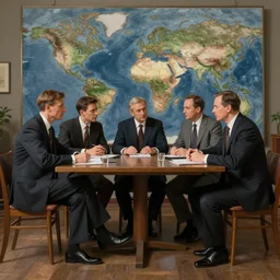 a portrait of men in suits with tie sitting on a large table and discussing the world in a painting from stalenhag, 4 k, 8 k, hdr, artstation, concept art