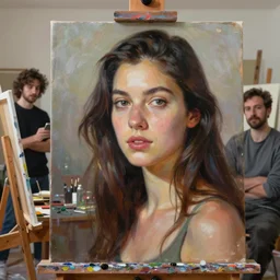 painting a self portrait in her art studio by moebius, victo ngai, josan gonzalez, kilian eng